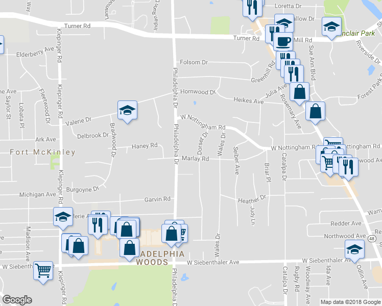 map of restaurants, bars, coffee shops, grocery stores, and more near 521 Marlay Road in Dayton