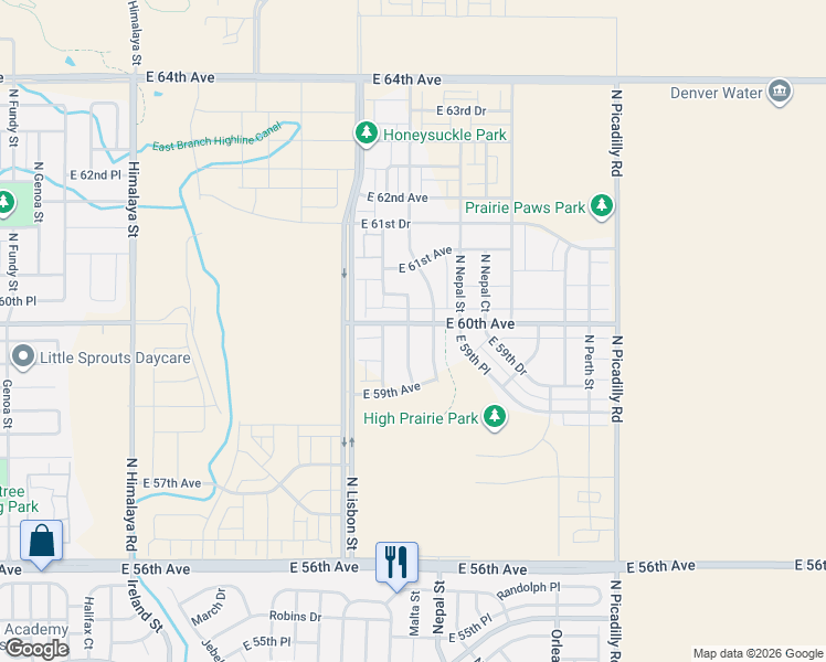 map of restaurants, bars, coffee shops, grocery stores, and more near 21062 East 60th Avenue in Aurora