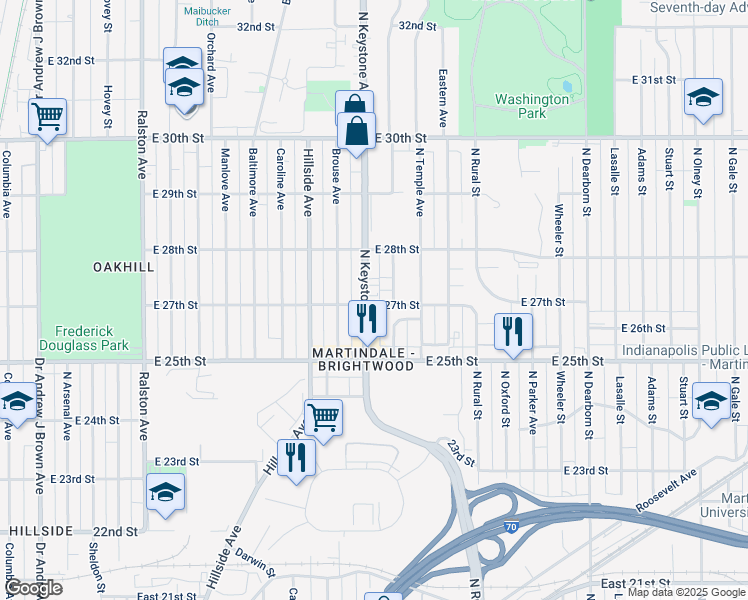 map of restaurants, bars, coffee shops, grocery stores, and more near 2705 North Keystone Avenue in Indianapolis