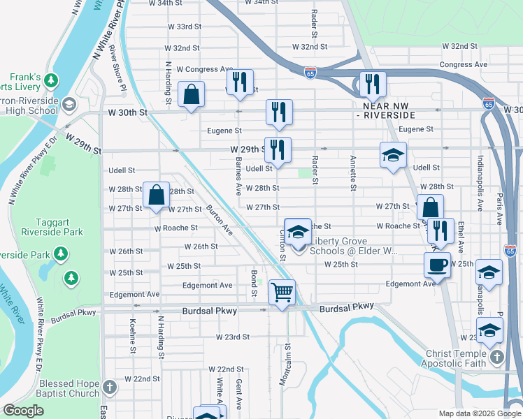map of restaurants, bars, coffee shops, grocery stores, and more near 1115 West 27th Street in Indianapolis