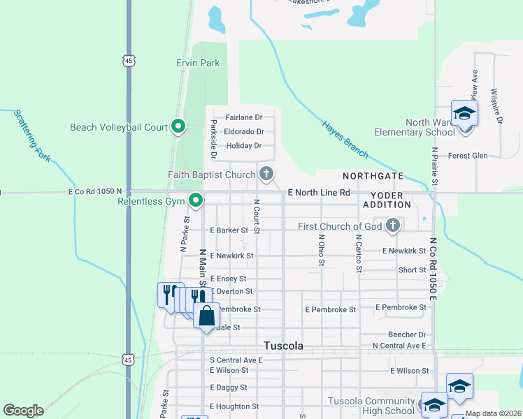 map of restaurants, bars, coffee shops, grocery stores, and more near 711 North Court Street in Tuscola