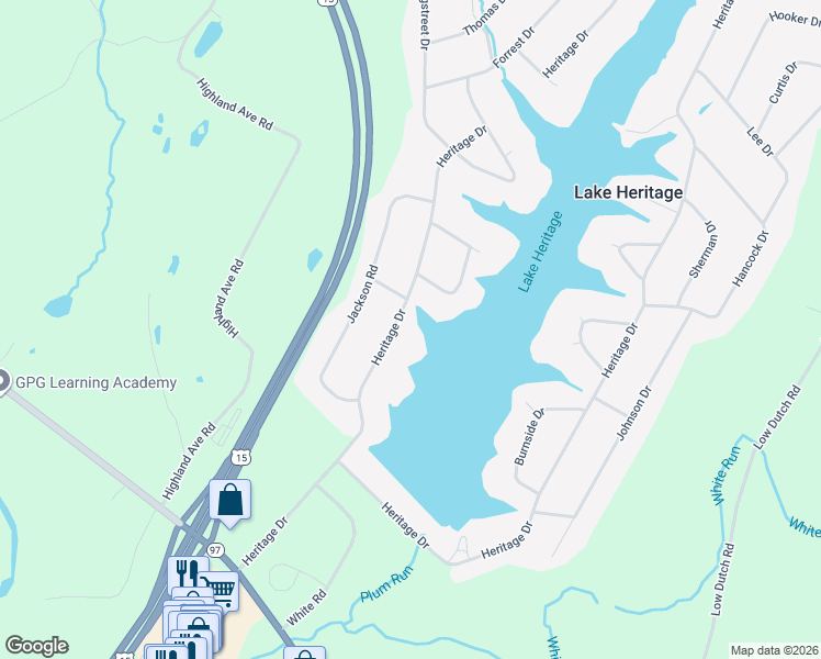 map of restaurants, bars, coffee shops, grocery stores, and more near 77 Heritage Drive in Gettysburg