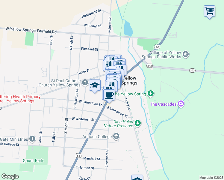 map of restaurants, bars, coffee shops, grocery stores, and more near 235 Xenia Avenue in Yellow Springs