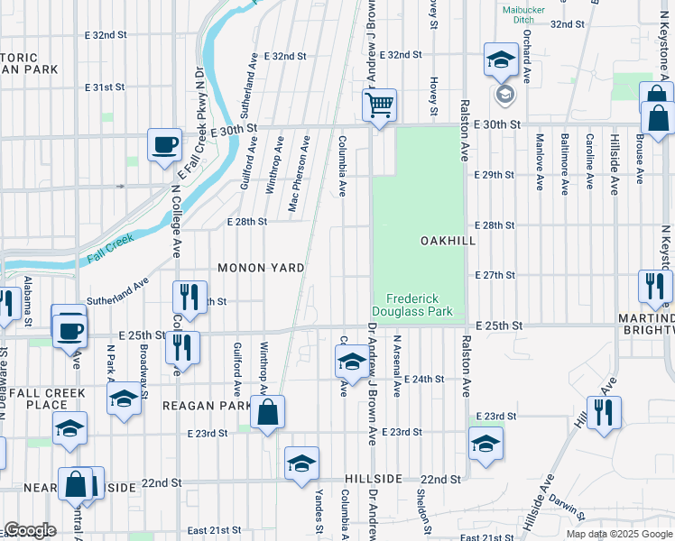 map of restaurants, bars, coffee shops, grocery stores, and more near 2706 Columbia Avenue in Indianapolis