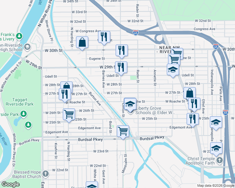 map of restaurants, bars, coffee shops, grocery stores, and more near 1115 W 27th St in Indianapolis