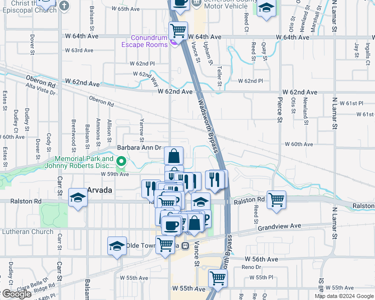 map of restaurants, bars, coffee shops, grocery stores, and more near 7403 West 60th Avenue in Arvada