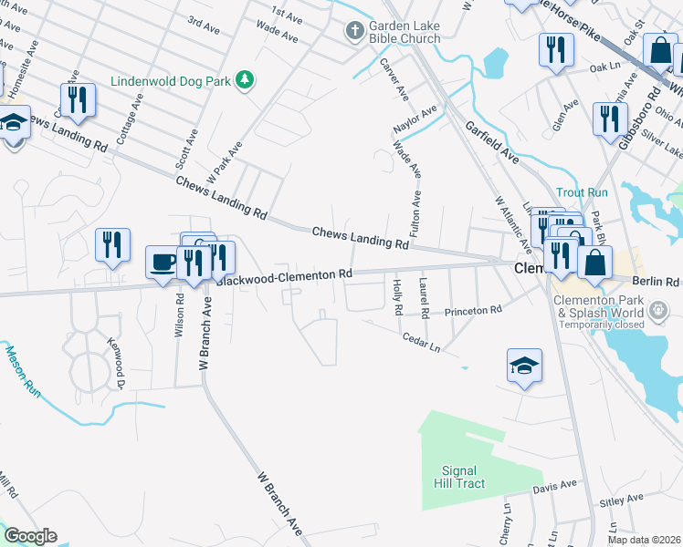 map of restaurants, bars, coffee shops, grocery stores, and more near 1 Blackwood Clementon Road in Pine Hill
