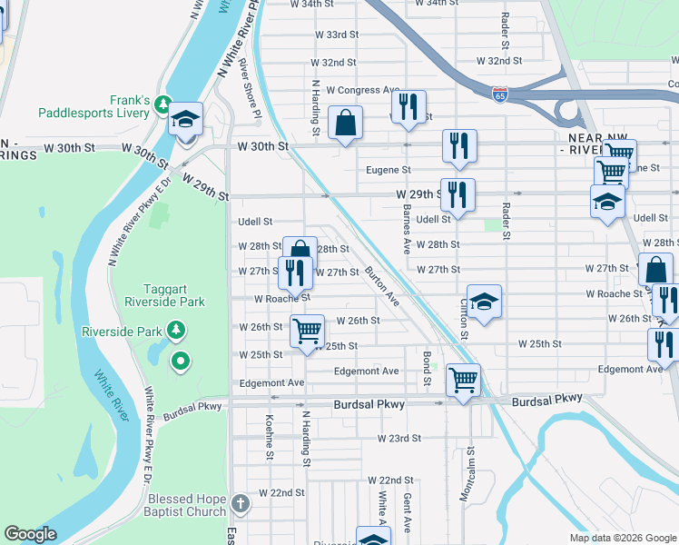 map of restaurants, bars, coffee shops, grocery stores, and more near 1310 West 27th Street in Indianapolis