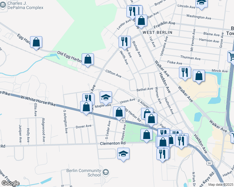 map of restaurants, bars, coffee shops, grocery stores, and more near 6 Laurel Avenue in Berlin