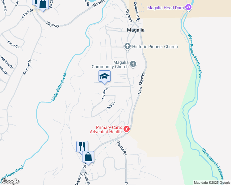 map of restaurants, bars, coffee shops, grocery stores, and more near 6746 Ishi Drive in Magalia