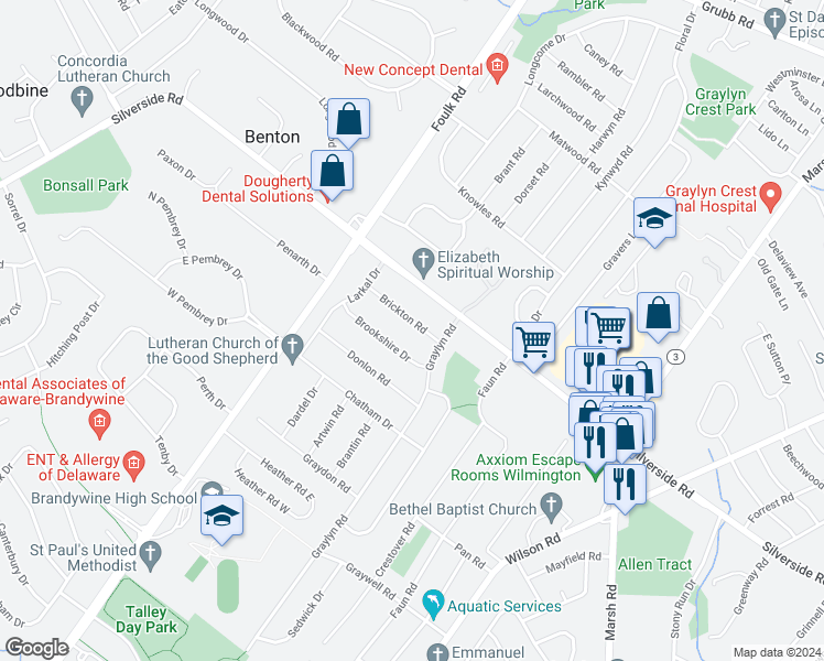 map of restaurants, bars, coffee shops, grocery stores, and more near 2404 Brickton Road in Wilmington