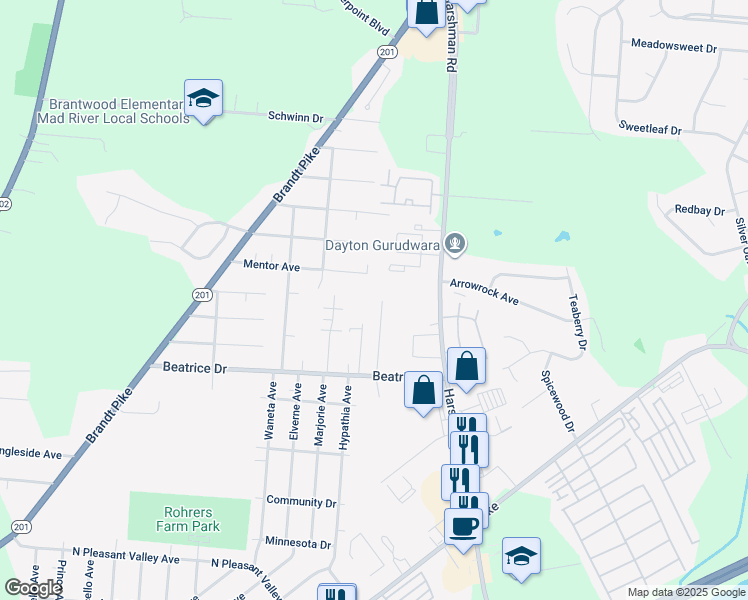 map of restaurants, bars, coffee shops, grocery stores, and more near 3593 Valencia Street in Dayton