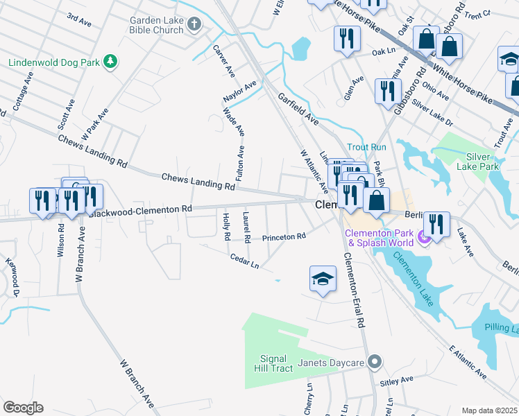 map of restaurants, bars, coffee shops, grocery stores, and more near 76 Blackwood Clementon Road in Clementon