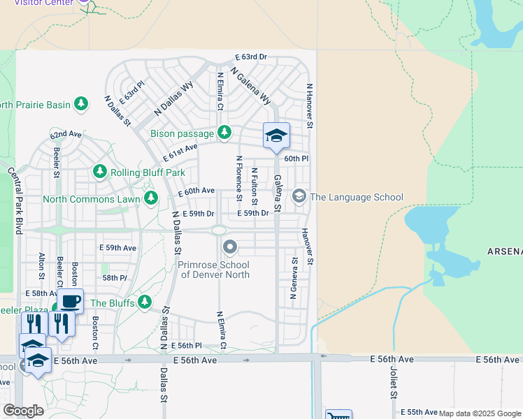 map of restaurants, bars, coffee shops, grocery stores, and more near 10131 East 59th Drive in Denver