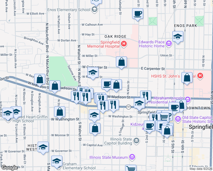 map of restaurants, bars, coffee shops, grocery stores, and more near 407 West Mason Street in Springfield
