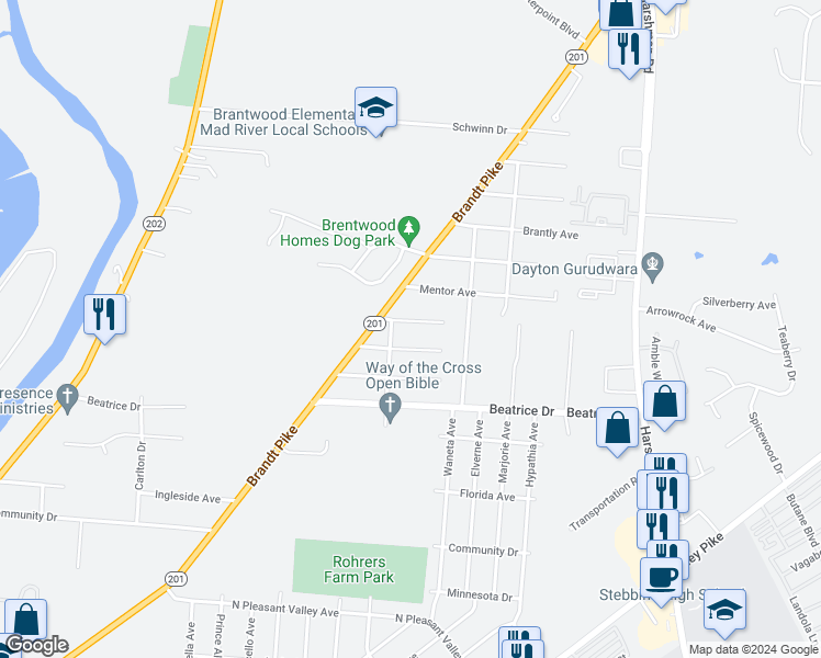 map of restaurants, bars, coffee shops, grocery stores, and more near 618 Little Meadow Drive in Dayton