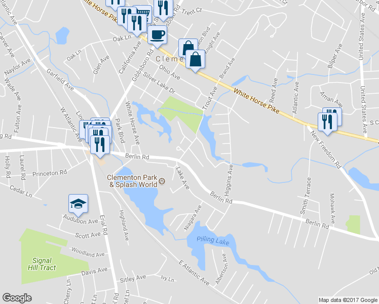 map of restaurants, bars, coffee shops, grocery stores, and more near 32 Trout Avenue in Clementon