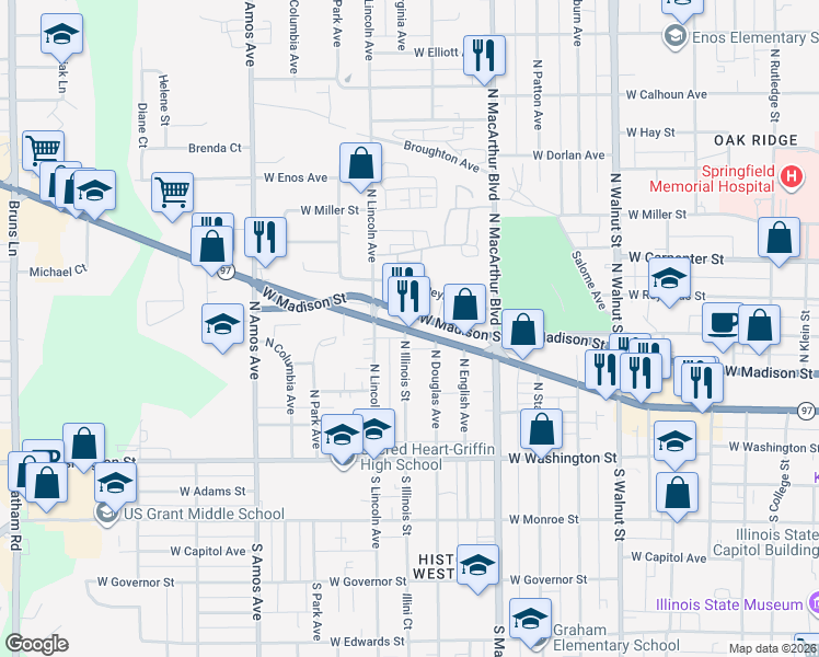 map of restaurants, bars, coffee shops, grocery stores, and more near 1067 West Jefferson Street in Springfield