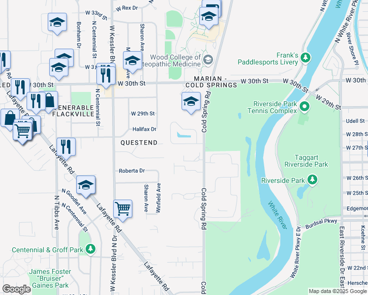map of restaurants, bars, coffee shops, grocery stores, and more near 2609 Granada Circle in Indianapolis
