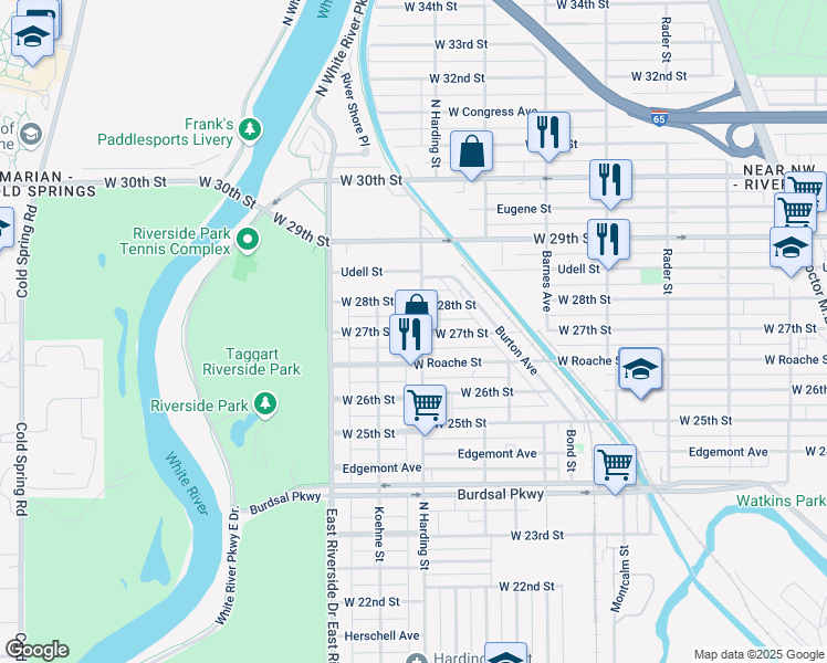 map of restaurants, bars, coffee shops, grocery stores, and more near 1418 West 27th Street in Indianapolis