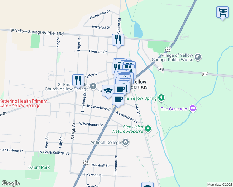 map of restaurants, bars, coffee shops, grocery stores, and more near 136 South Walnut Street in Yellow Springs