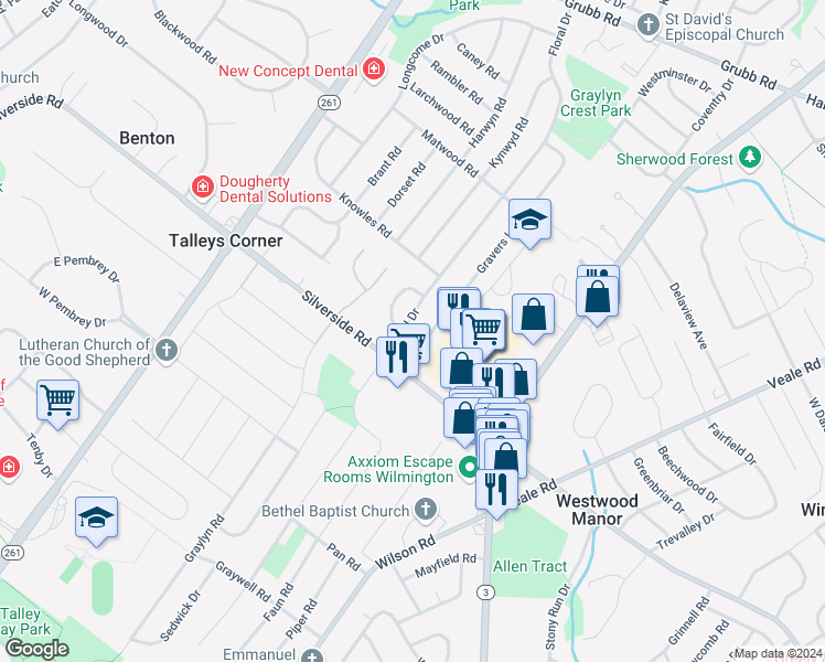 map of restaurants, bars, coffee shops, grocery stores, and more near 1801 Gravers Lane in Wilmington