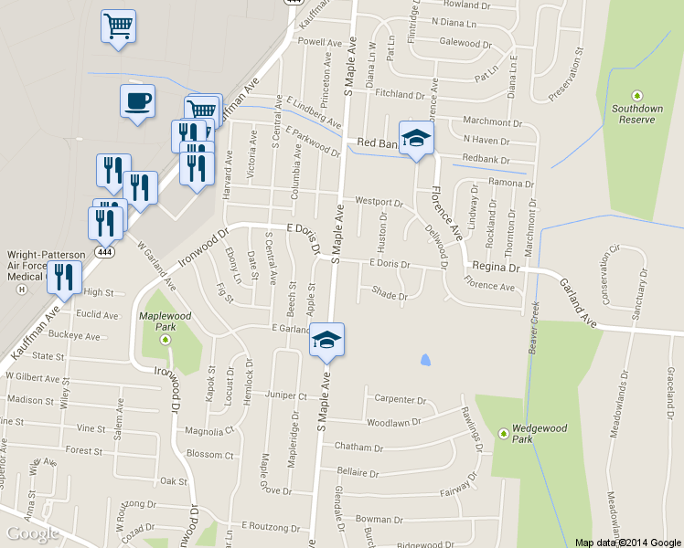 map of restaurants, bars, coffee shops, grocery stores, and more near 1214 South Maple Avenue in Fairborn