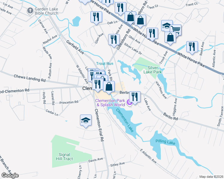 map of restaurants, bars, coffee shops, grocery stores, and more near 1 Garfield Avenue in Clementon
