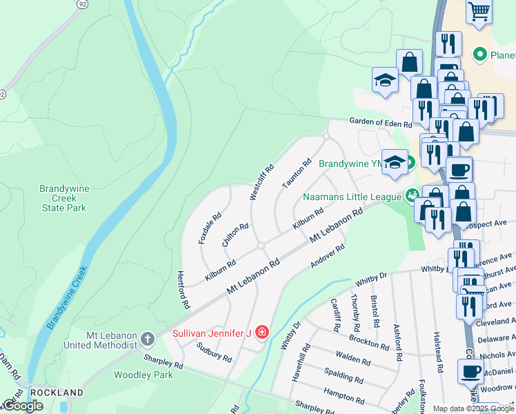 map of restaurants, bars, coffee shops, grocery stores, and more near 714 Westcliff Road in Wilmington