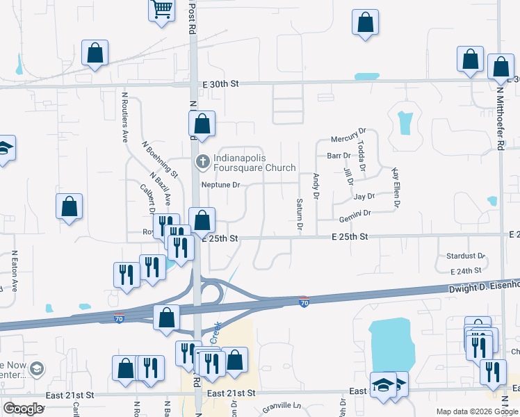 map of restaurants, bars, coffee shops, grocery stores, and more near 2602 Constellation Drive in Indianapolis