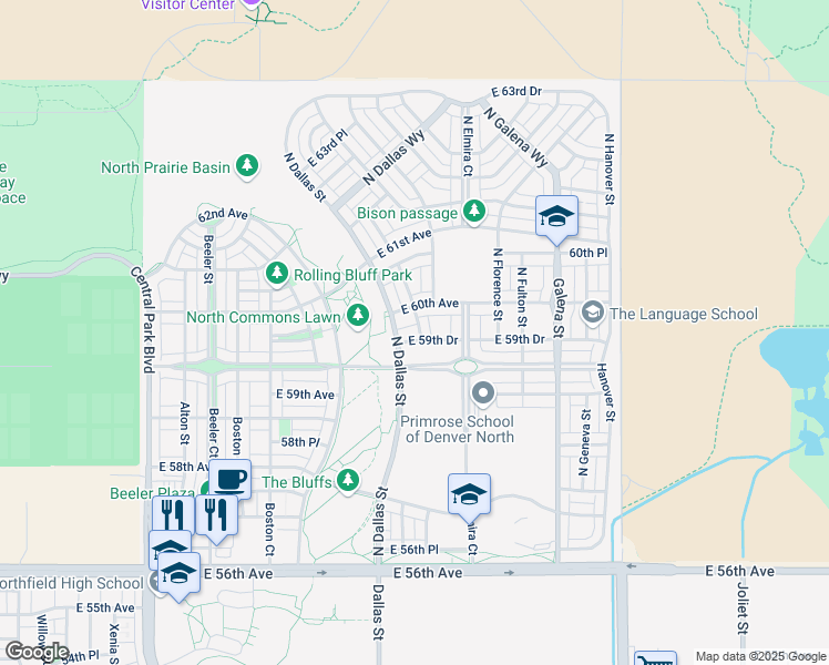 map of restaurants, bars, coffee shops, grocery stores, and more near 9691 East 59th Drive in Denver
