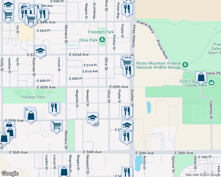 map of restaurants, bars, coffee shops, grocery stores, and more near 7080 East 60th Avenue in Commerce City