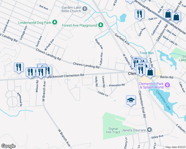map of restaurants, bars, coffee shops, grocery stores, and more near 116 Blackwood Road in Clementon