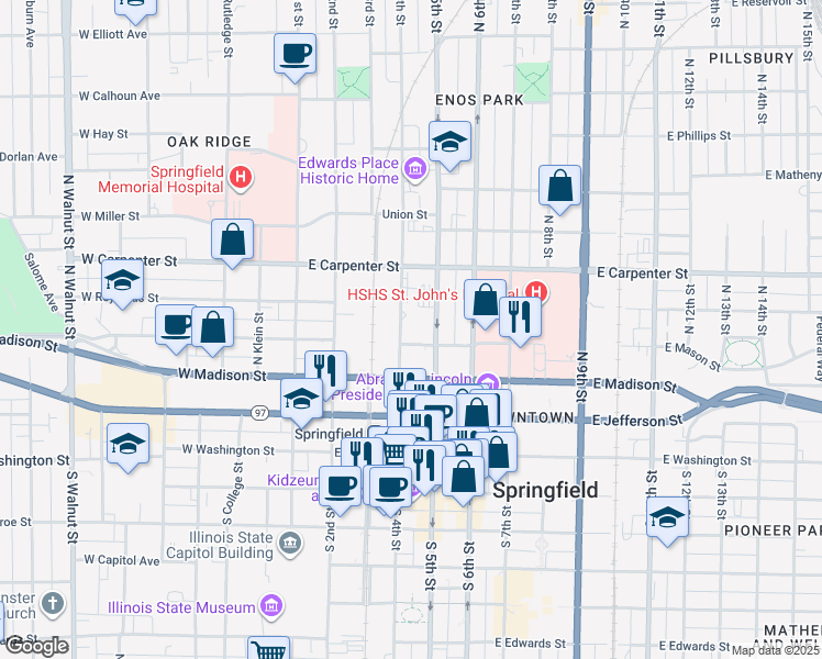 map of restaurants, bars, coffee shops, grocery stores, and more near 408 North 4th Street in Springfield