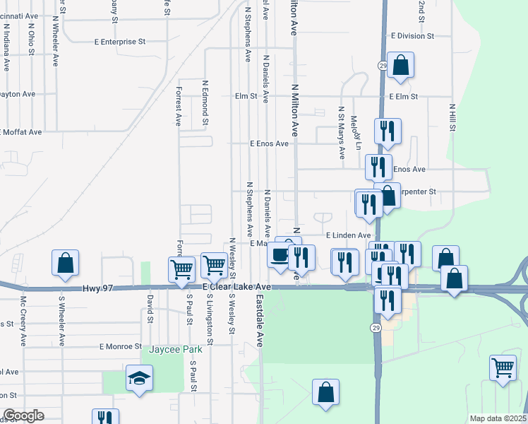 map of restaurants, bars, coffee shops, grocery stores, and more near 405 North Daniels Avenue in Springfield
