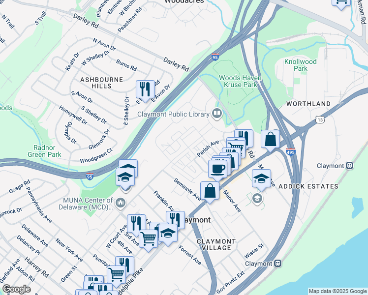 map of restaurants, bars, coffee shops, grocery stores, and more near 3757 Green Street in Claymont