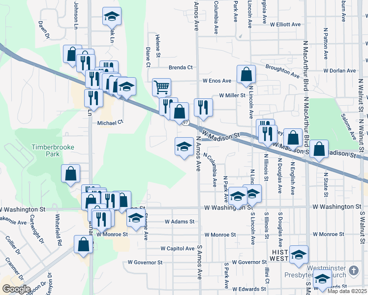 map of restaurants, bars, coffee shops, grocery stores, and more near 1528 West Selinger Street in Springfield