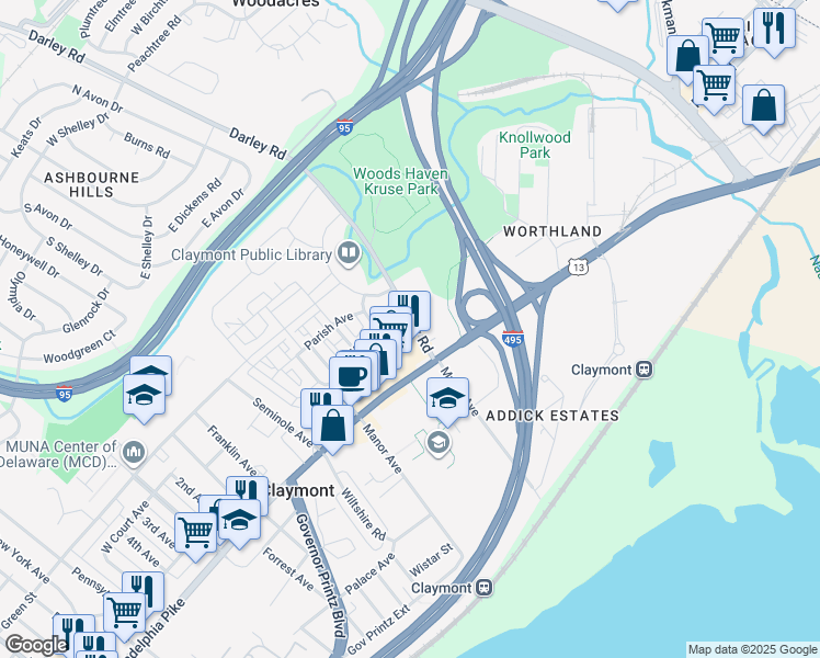 map of restaurants, bars, coffee shops, grocery stores, and more near 4 Darley Road in Claymont