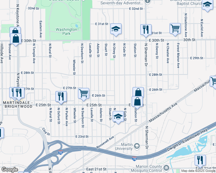 map of restaurants, bars, coffee shops, grocery stores, and more near 2702 North Olney Street in Indianapolis
