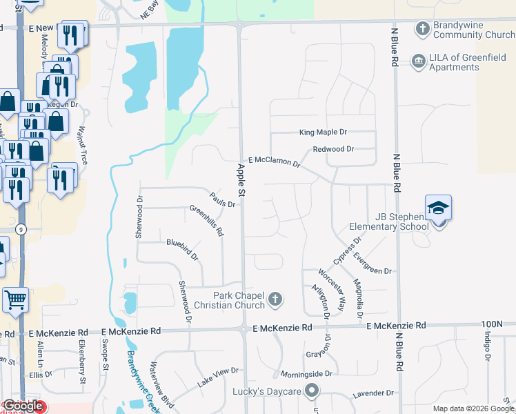 map of restaurants, bars, coffee shops, grocery stores, and more near 24 Coventry Court in Greenfield