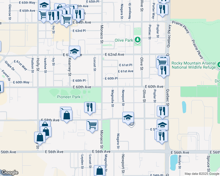 map of restaurants, bars, coffee shops, grocery stores, and more near 5997 Magnolia Street in Commerce City
