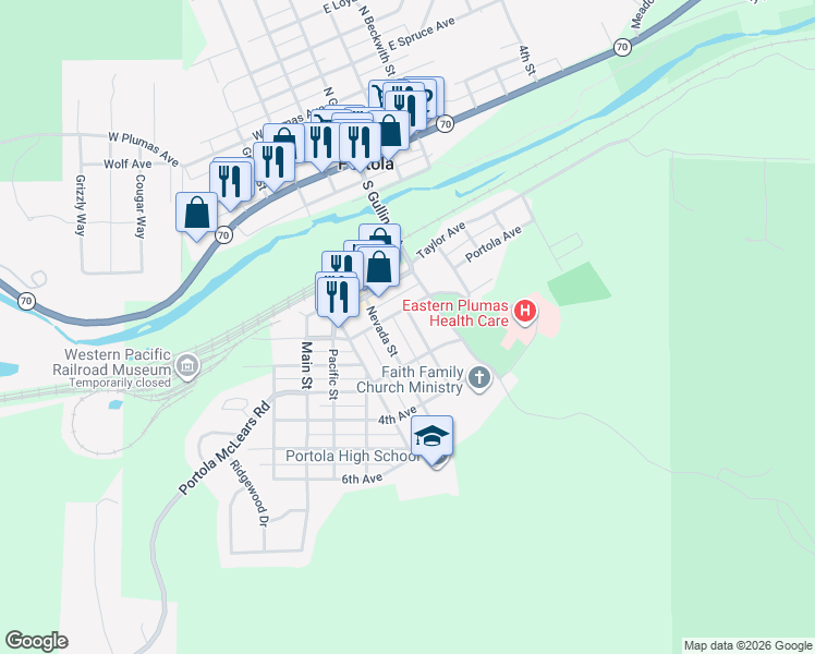 map of restaurants, bars, coffee shops, grocery stores, and more near 201 Nevada Street in Portola