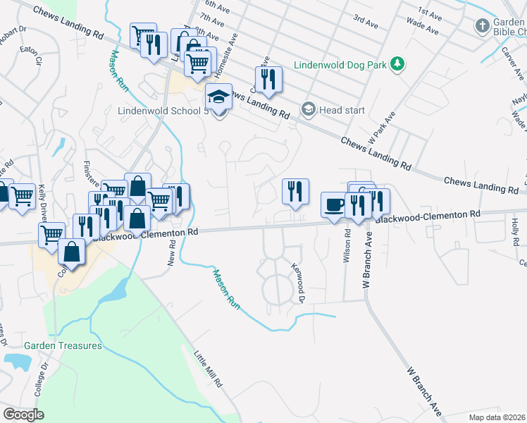 map of restaurants, bars, coffee shops, grocery stores, and more near 10 Glenwood Drive in Lindenwold