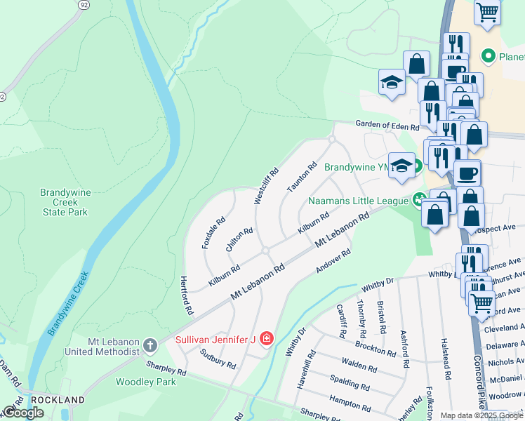 map of restaurants, bars, coffee shops, grocery stores, and more near 714 Westcliff Road in Wilmington