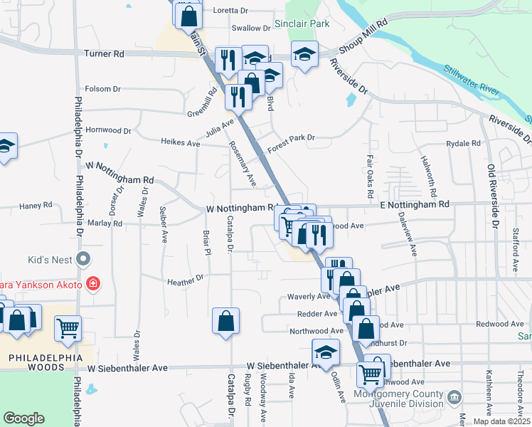 map of restaurants, bars, coffee shops, grocery stores, and more near 28 West Nottingham Road in Dayton