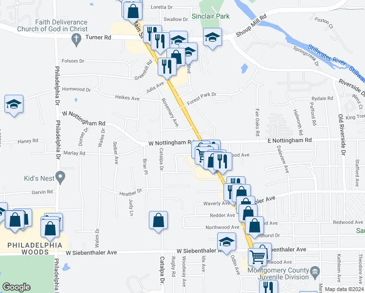 map of restaurants, bars, coffee shops, grocery stores, and more near 28 West Nottingham Road in Dayton