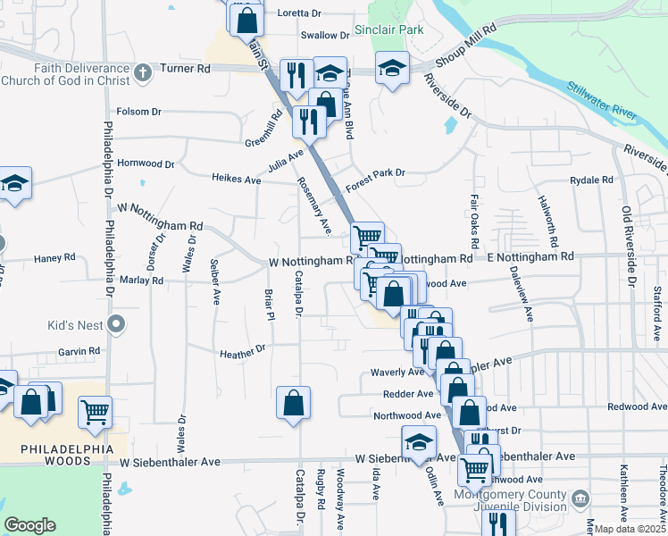 map of restaurants, bars, coffee shops, grocery stores, and more near 76 West Nottingham Road in Dayton