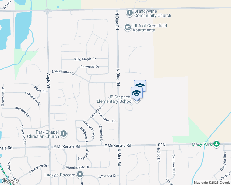 map of restaurants, bars, coffee shops, grocery stores, and more near 1429 North Blue Road in Greenfield