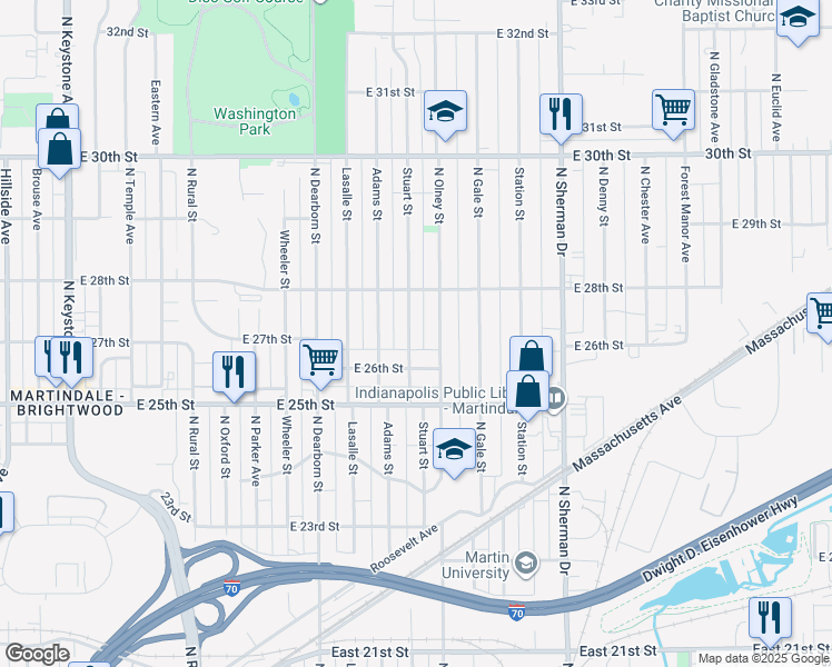 map of restaurants, bars, coffee shops, grocery stores, and more near 2702 North Olney Street in Indianapolis