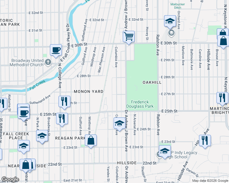 map of restaurants, bars, coffee shops, grocery stores, and more near 2706 Columbia Avenue in Indianapolis